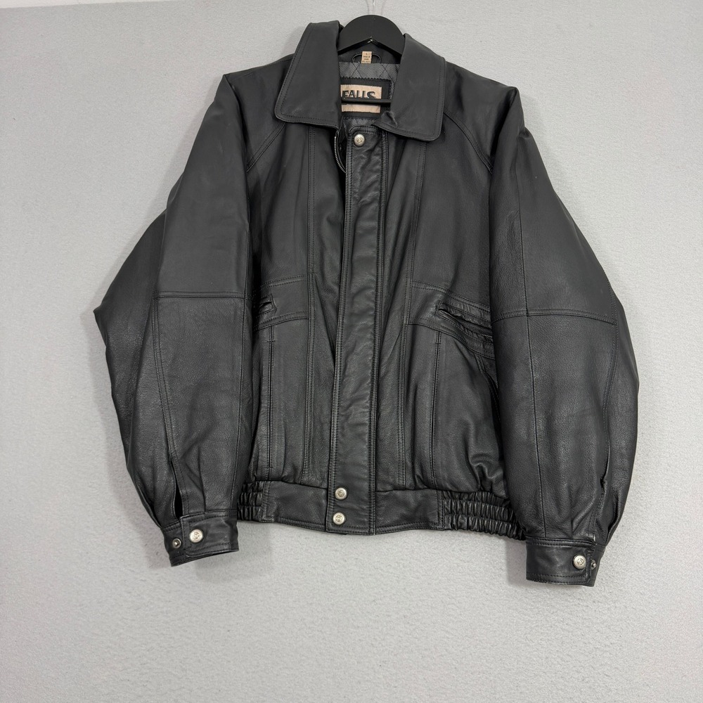 Vintage Falls Creek Leather Jacket Men's Large Black Bomber Full Zip Biker y2k